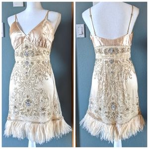 Sue Wong Nocturne Beaded Flapper Dress With Feather Trim 1920s Gatsby Style